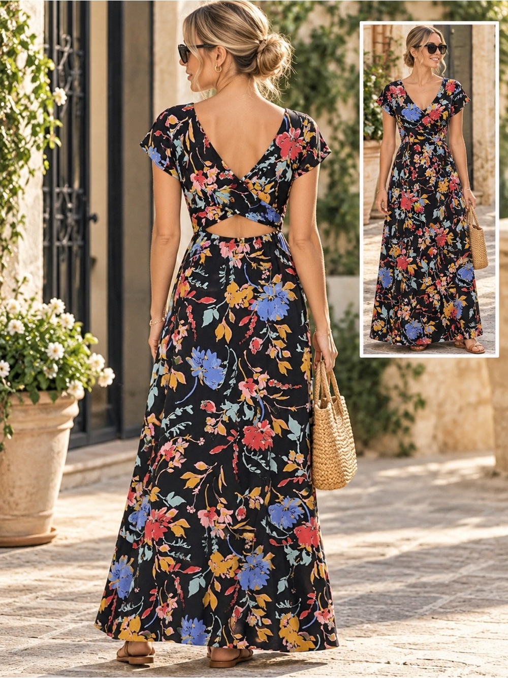 PACT Fit & Flare Crossback Maxi Dress Nightfall Blooms Floral Black Size Large